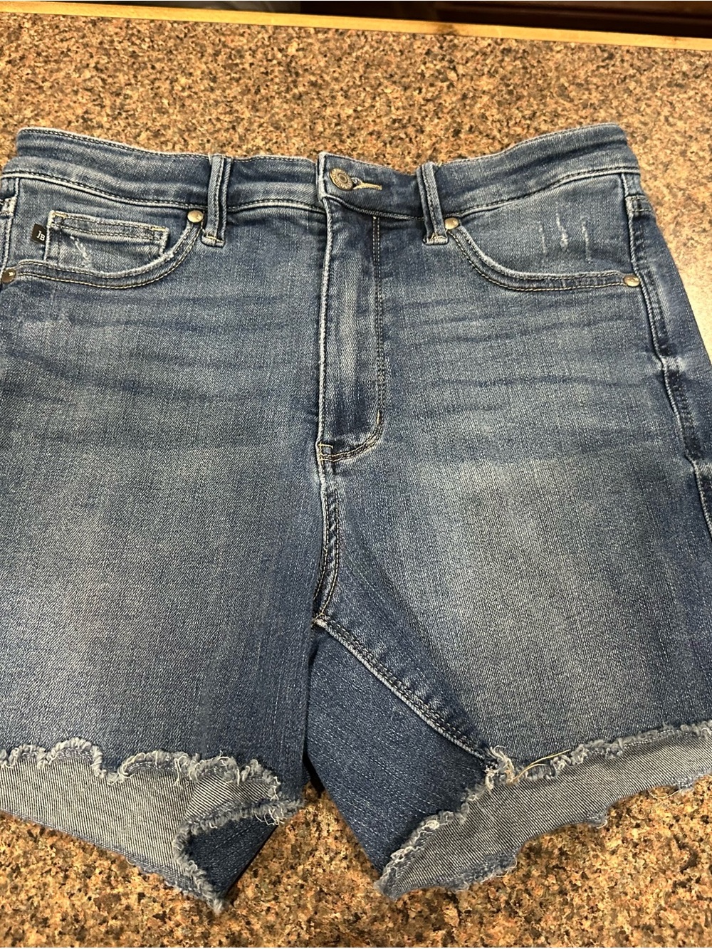 Judy Blue Distressed Frayed Hem Denim Shorts - Blue